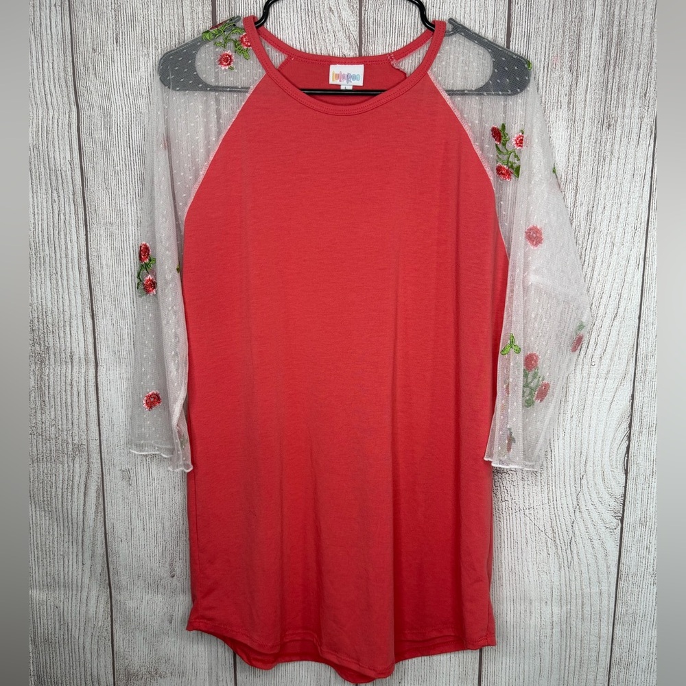 LuLaRoe Salmon Top with Floral Mesh Sleeves